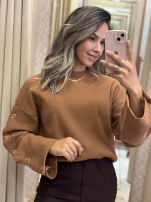 Blusa Canelada Caramelo com Mangas Amplas