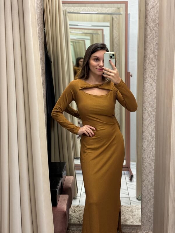 Vestido Canelado com Brilho Mostarda