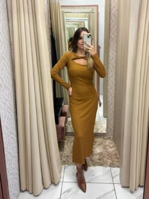 Vestido Canelado com Brilho Mostarda