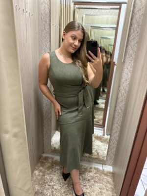Vestido Mídi Suede com Cinto - Verde Militar