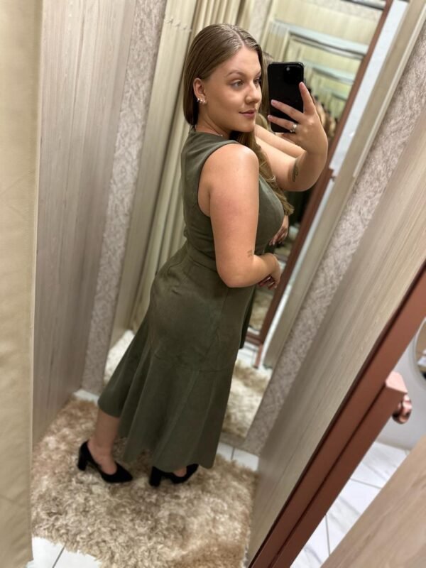 Vestido Mídi Suede com Cinto - Verde Militar - Imagem 3